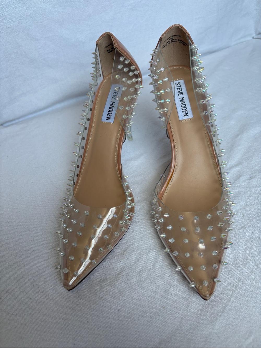 Steve Madden Clear Pointed-Toe Pumps with Beige Insole and Iridescent Studs